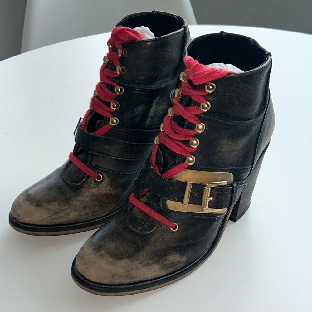 FREE PEOPLE Black leather and Red lace gold buckle Women's Booties Boots size 38
